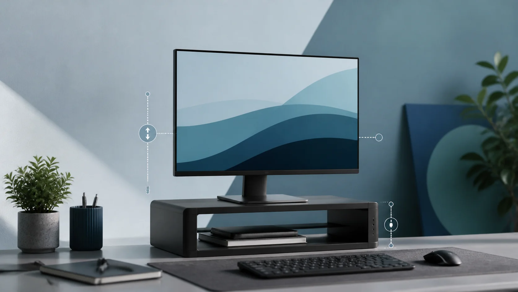 Redaktionelle Illustration eines Monitors auf einem ergonomischen Monitorständer